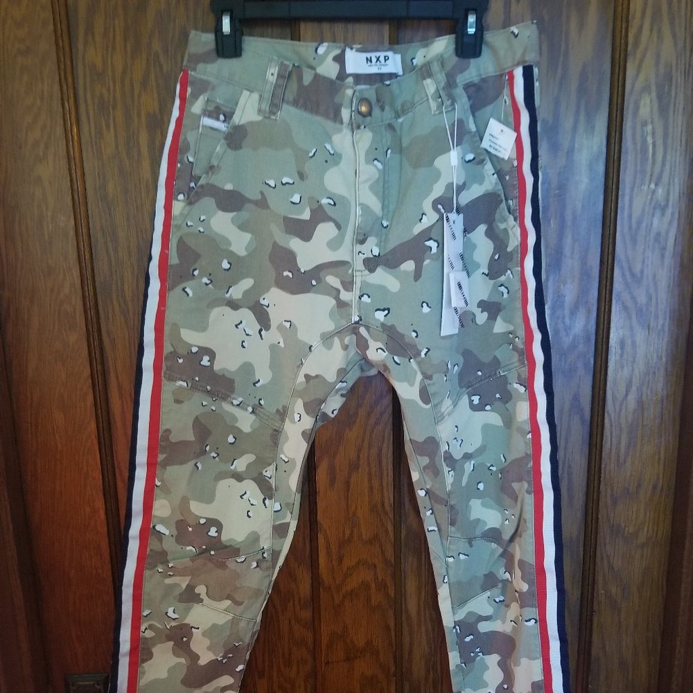 NXP NENA AND PASADENA STRIPED CAMO MILITARY CROP SLIM SERGEANT PANT JEANS NWT